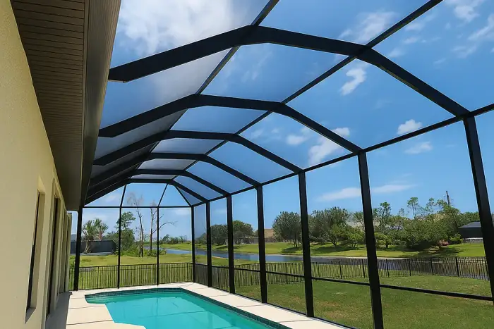 Modern Pool Cage - Mansard roof style cage with picture window view. in Tampa, FL